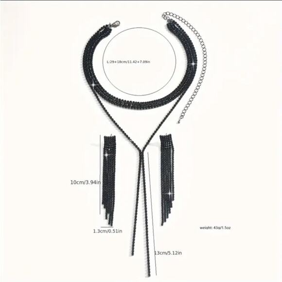 Black Crystal Y Lariat Choker Matching Earrings Rhinestone Necklace New Years - Picture 7 of 10